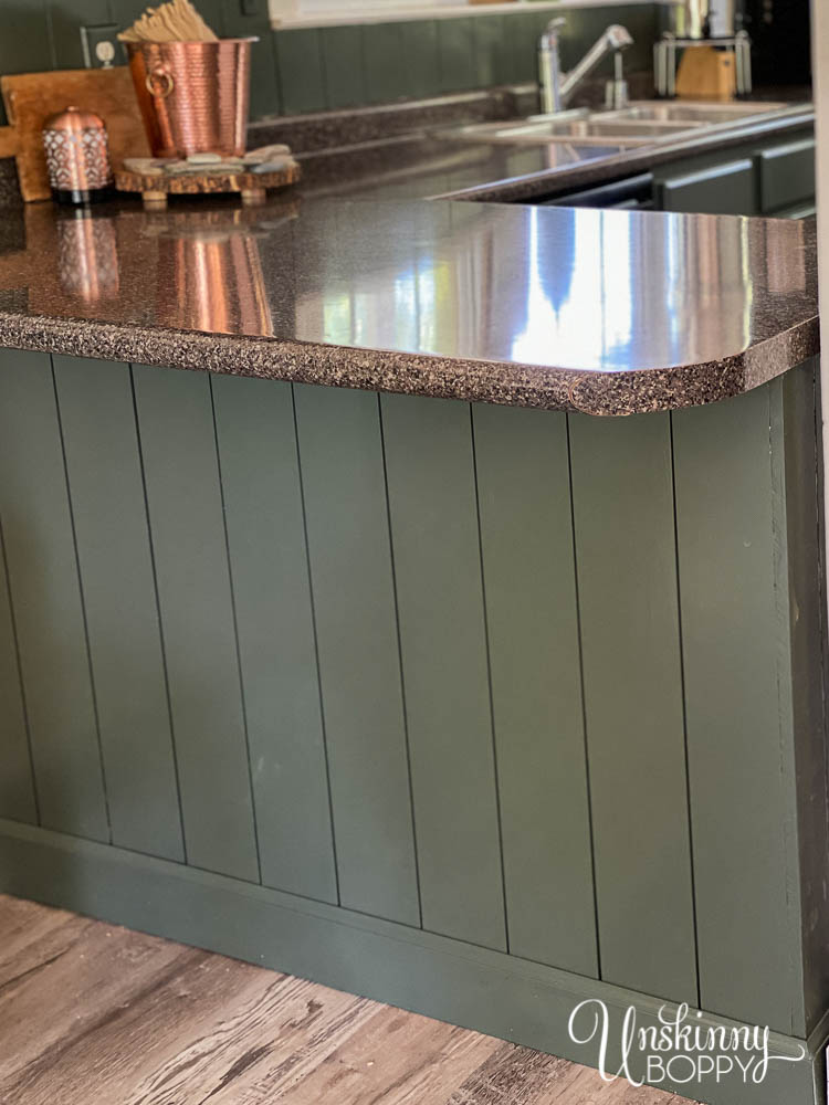 Painted Green Kitchen Cabinets with VGroove paneling