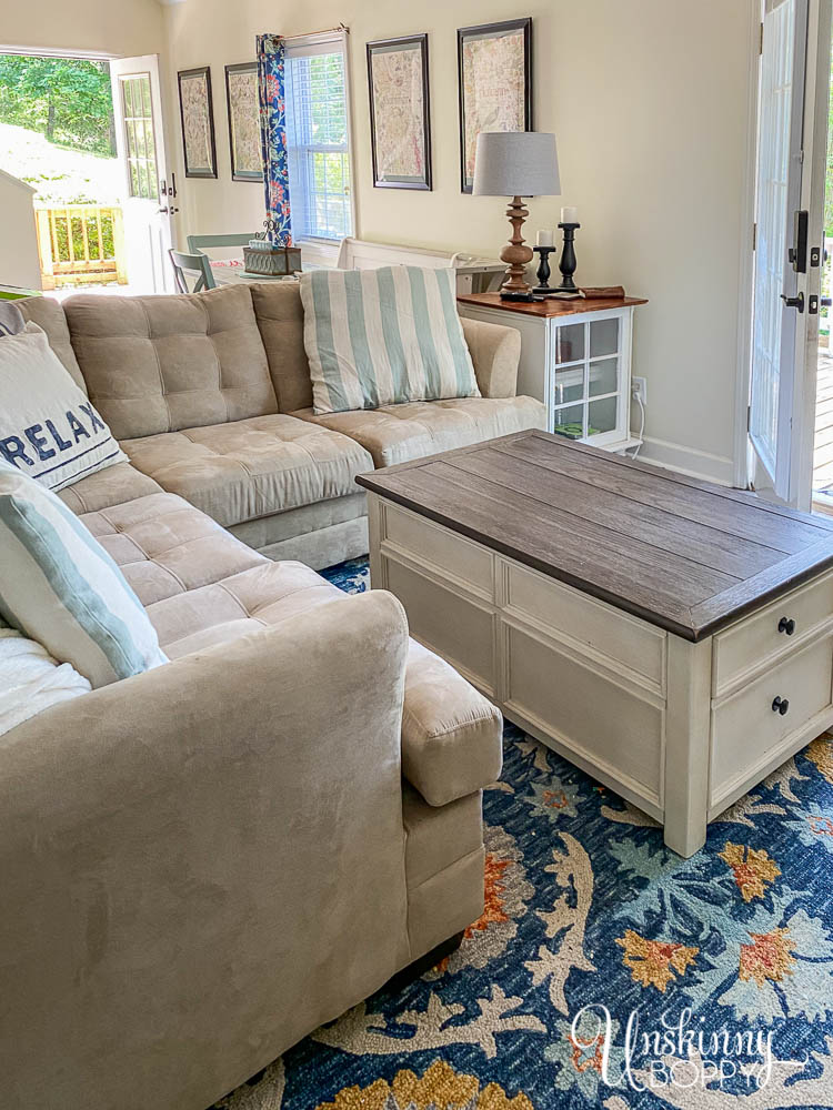 Living room with blue orange rug