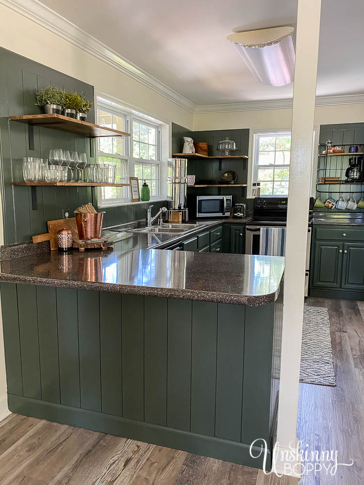 Painted Green Kitchen Cabinets open shelving-22