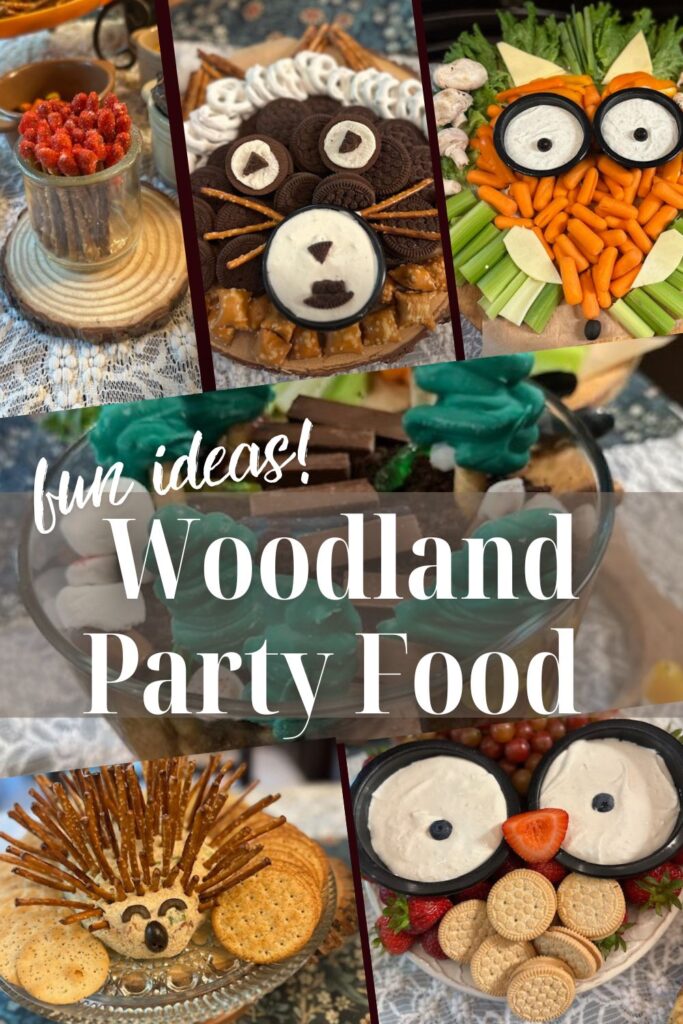 Woodland birthday party food ideas- fox, raccoon, hedgehog, owl, matchsticks for a camping themed birthday party