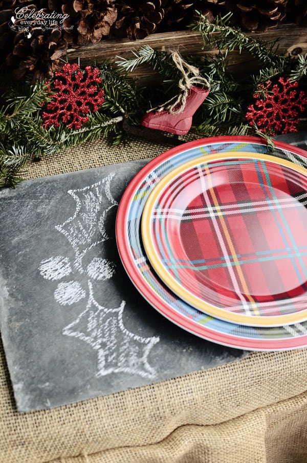Tartan Plate Chargers layered on slate chalk