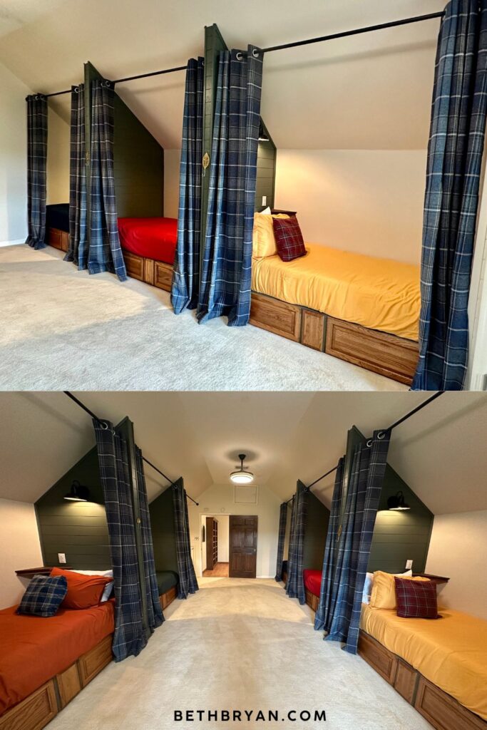 finished attic bunk room with five built-in sleeping nooks painted Sherwin-Williams Pewter Green SW 6208 navy plaid curtains on black iron rods jewel tone bedding and retractable ceiling fan light