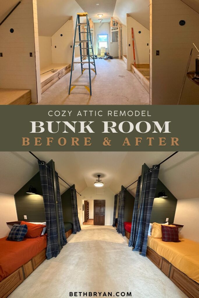 attic bunk room before and after showing open unfinished attic converted to five built-in sleeping nooks with Sherwin-Williams Pewter Green shiplap walls and navy plaid curtains