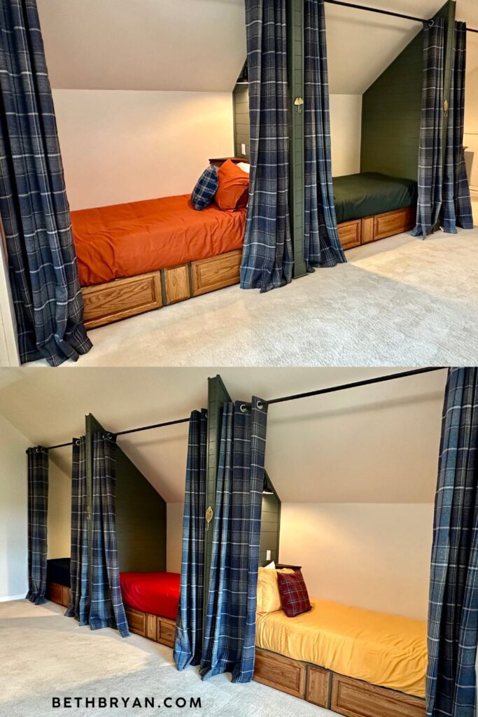 finished attic bunk room with five built-in sleeping nooks painted Sherwin-Williams Pewter Green SW 6208 navy plaid curtains on black iron rods jewel tone bedding and retractable ceiling fan light