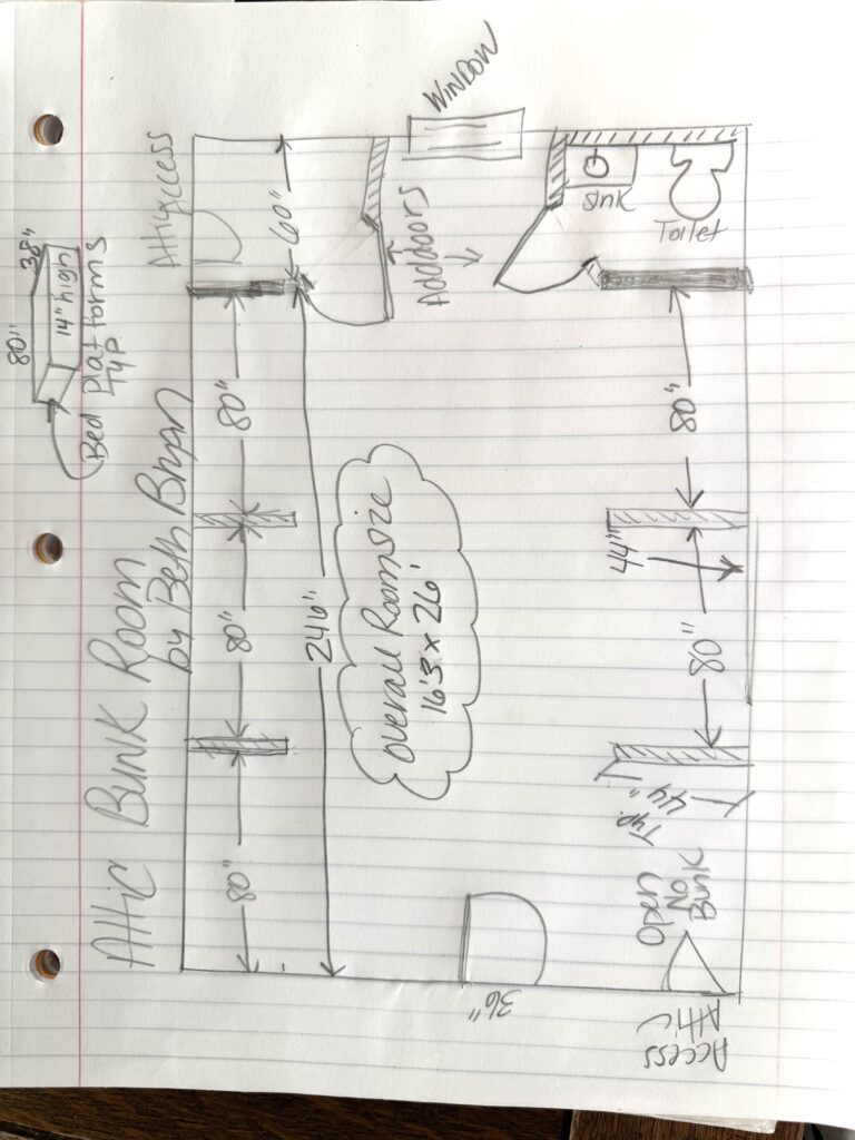 hand drawn floor plan sketch of attic bunk room measuring 16 feet 3 inches wide by 26 feet long with five bunk nooks half bath and walk-in closet