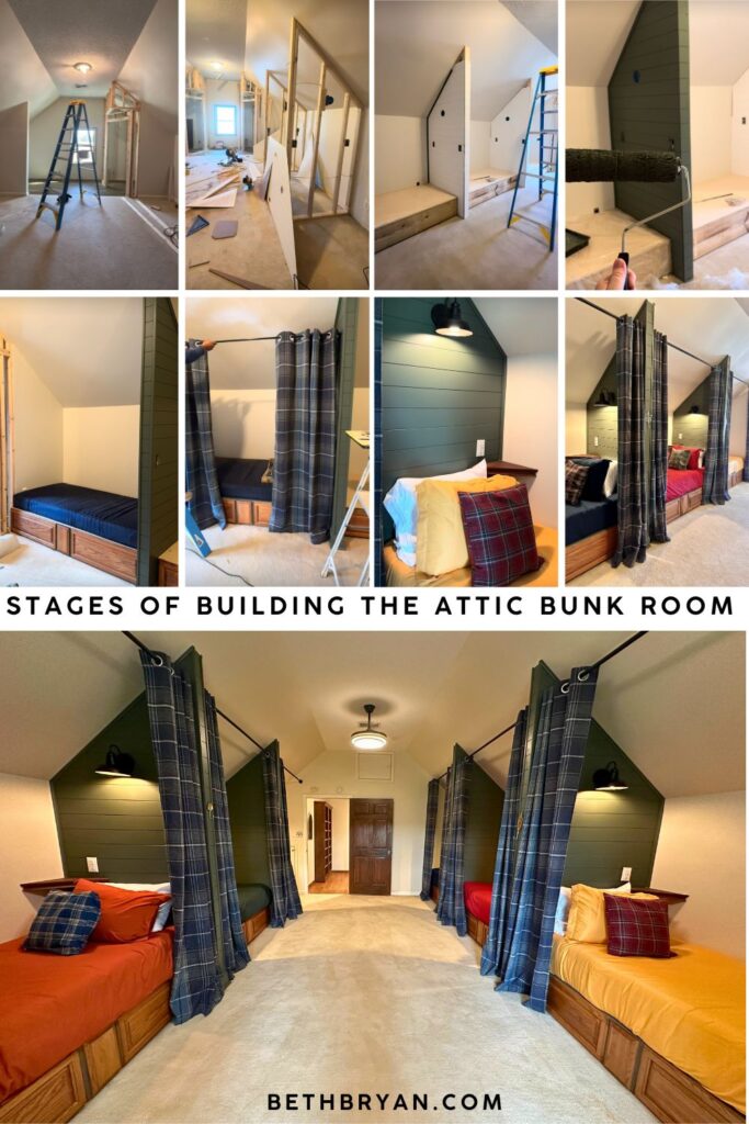 stages of building an attic bunk room showing 2x4 framing lumber, shiplap panels being installed, finished Pewter Green painted bunk nook with mattress, and completed nooks with navy plaid curtains and red and yellow bedding