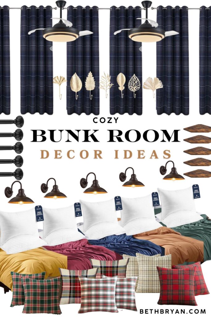 bunk room decor ideas shopping collage showing navy plaid curtains retractable ceiling fans black iron curtain rods barn style wall sconces jewel tone duvet covers and plaid accent pillows